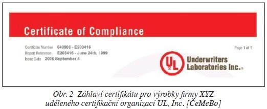 Obr. 2 Záhlaví certifikátu pro výrobky firmy XYZ uděleného certifikační organizací UL, Inc. [ČeMeBo]